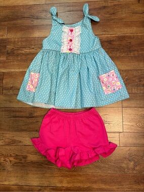 Blue Tank Tunic and Pink Ruffle Shorts Set - Girls Size 6